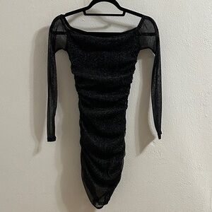 Superdown Shimmering Metallic Black Long Sleeve Off-the-Shoulder Dress